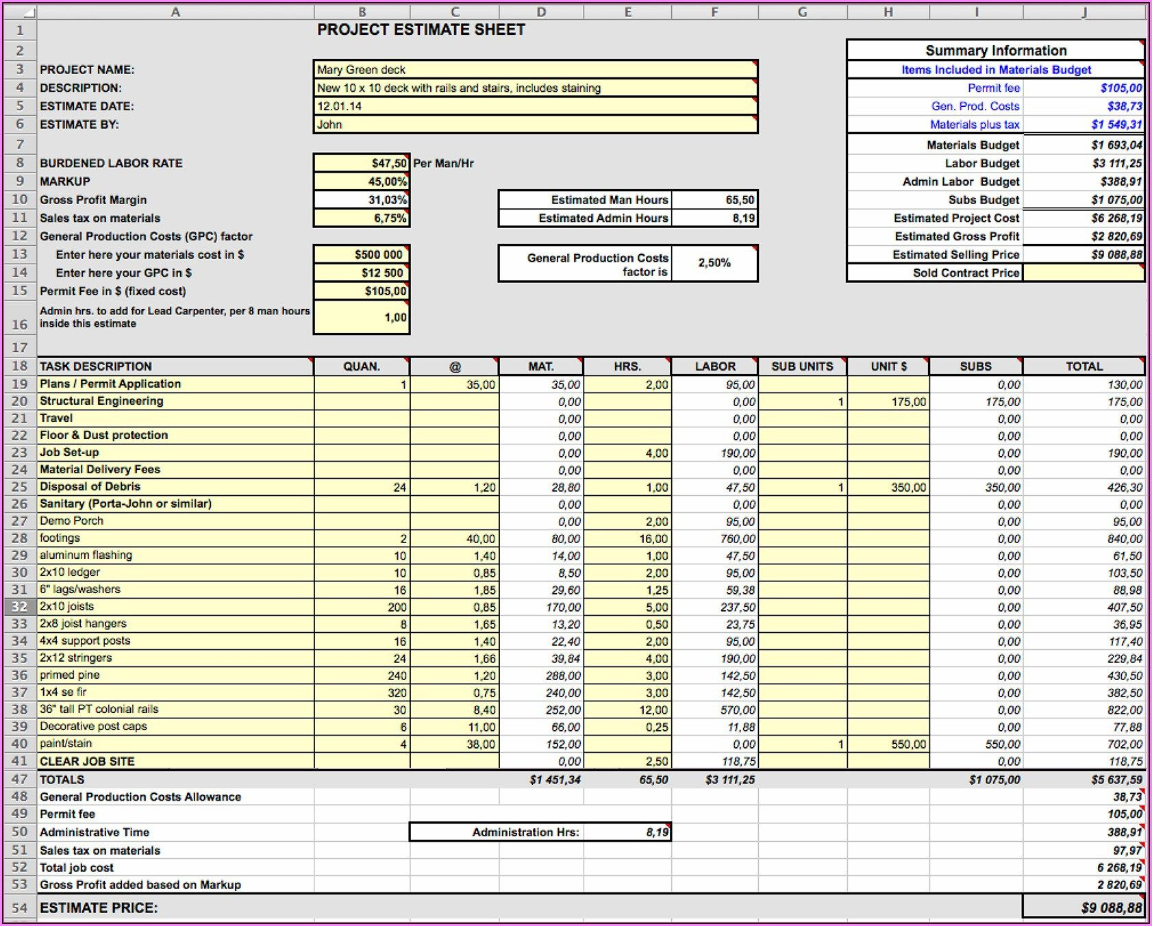 Amazing Building Cost Spreadsheet Template