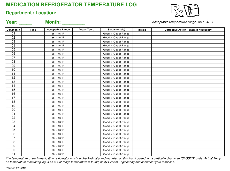 Amazing Medication Refrigerator Temperature Log Template
