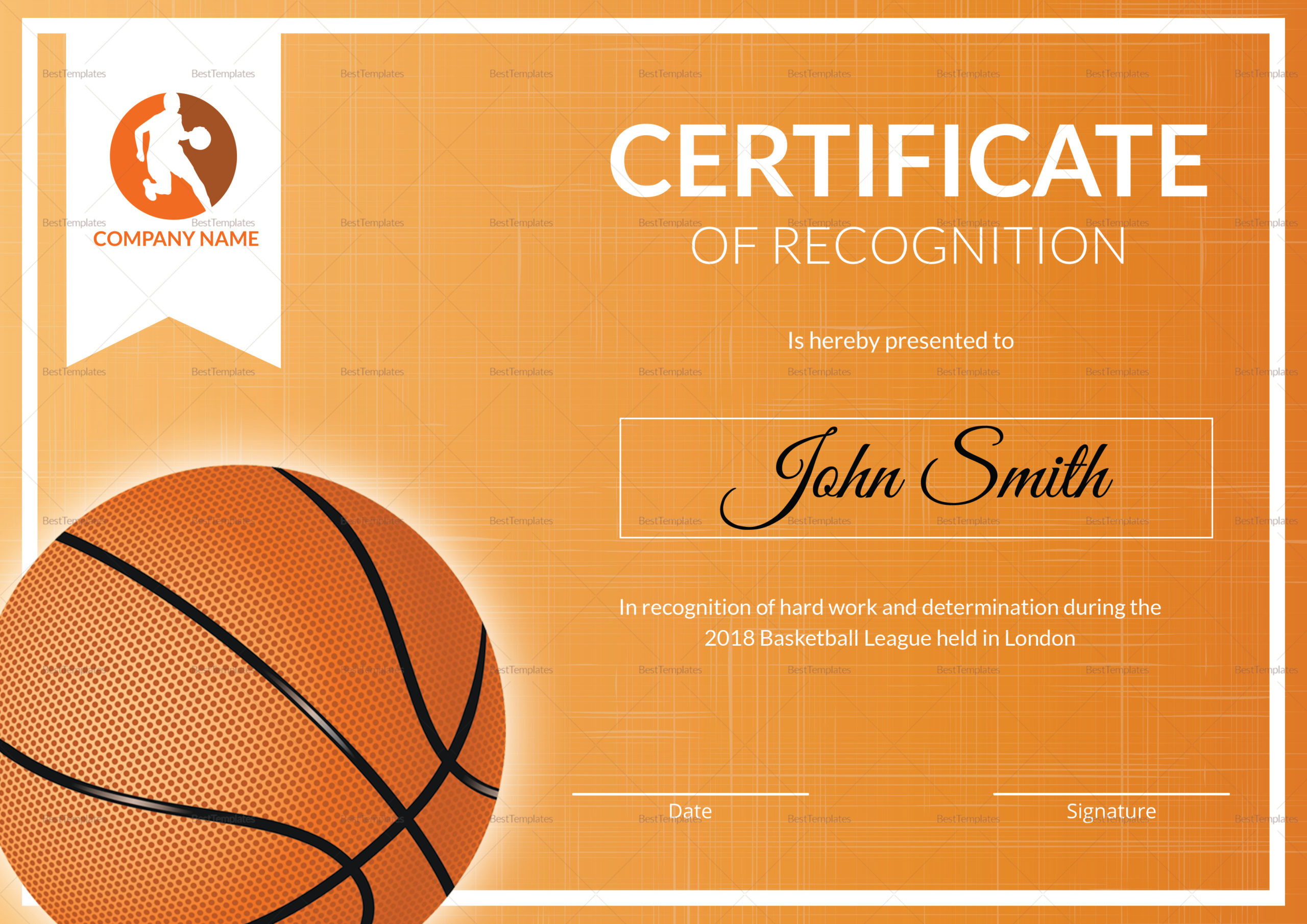 Basketball Recognition Certificate Design Template In Psd for Basketball Achievement Certificate Editable Templates