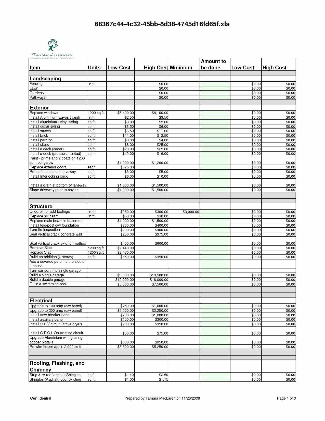 Fascinating Construction Cost Sheet Template
